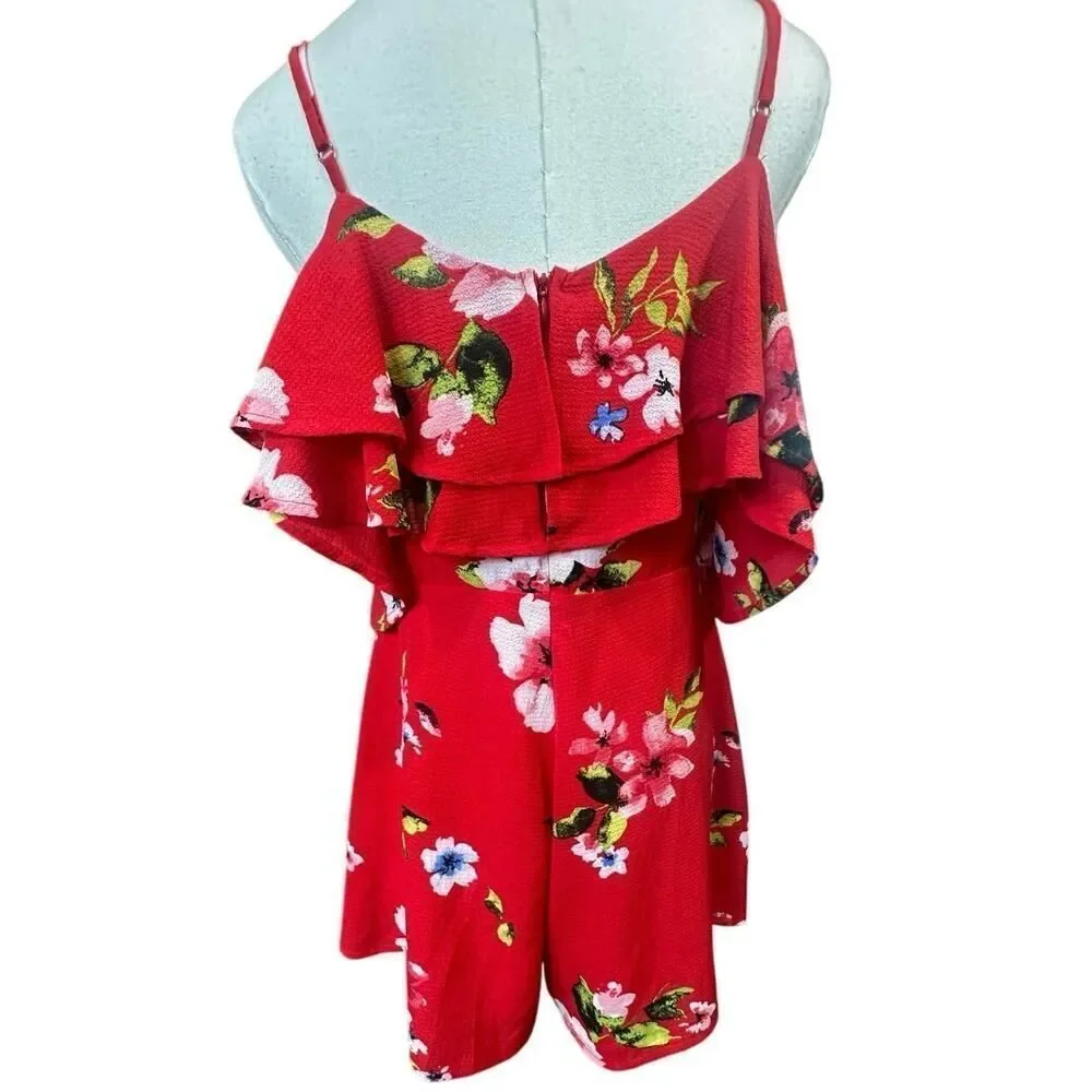 BOHO Summer Beach Tropical Red Floral Cold Shoulder Shorts Jumpsuit Size Medium